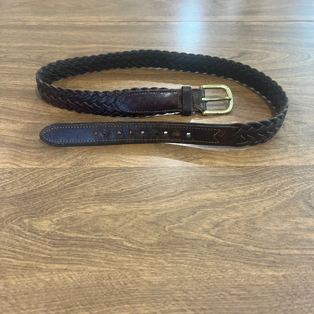 Vintage L.L. Bean Mens 28 Braided Leather Belt Dark Brown Brass Buckle